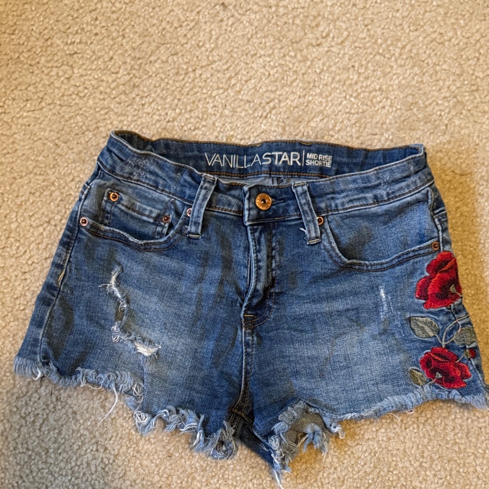 Vanilla Star Blue Jean Shorts with Red Embroidery